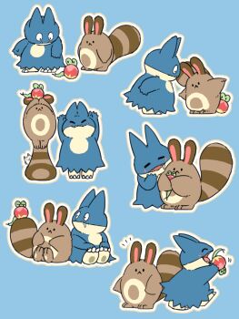 :< animal applin blue_background blush cat closed_eyes closed_mouth commentary_request drooling fangs gen_2_pokemon gen_4_pokemon gen_8_pokemon h1na3 highres multiple_views munchlax nintendo no_humans open_mouth outline pokemon pokemon_(creature) saliva sentret simple_background solid_oval_eyes stretching