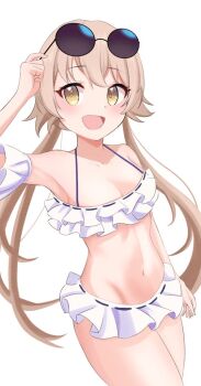 1girl :d bikini blue_archive blush breasts brown_hair choppy_bangs cleavage collarbone commentary_request cowboy_shot eyewear_on_head hifumi_(blue_archive) hifumi_(swimsuit)_(blue_archive) long_hair looking_at_viewer low_twintails missing_halo navel official_alternate_costume open_mouth ramkilog round_eyewear ruffle_bikini simple_background small_breasts smile solo stomach sunglasses swimsuit twintails white_background white_bikini yellow_eyes