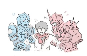 3boys angry armor biceps black_eyes blue_armor bodysuit brown_hair grabbing_another&#039;s_arm heart holding_another&#039;s_arm holding_own_arm jacket kamen_rider kamen_rider_den-o_(series) male_focus momotaros monster monster_boy multiple_boys nervous_smile nervous_sweating nogami_ryoutarou oni open_mouth orange_eyes pastel_colors red_armor red_scarf scarf short_hair shouting smile sweat sweatdrop tugging turtle urataros white_jacket