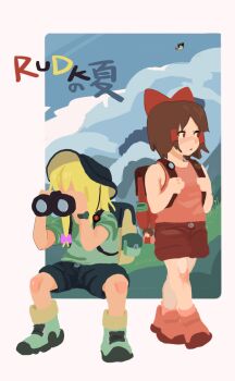 3girls alternate_costume backpack bag binoculars black_hat blonde_hair blue_sky boots border bow closed_mouth cloud commentary_request cookie_(touhou) day expressionless full_body green_shirt green_shoes hair_bow hair_tubes hakurei_reimu hat highres holding holding_binoculars kirisame_marisa long_hair looking_afar magicwell multiple_girls nadeko_(cookie) outdoors outside_border pink_boots pink_bow pink_tank_top red_bow red_eyes red_shorts reiuji_utsuho reu_(cookie) sakenomi_(cookie) shirt shoes short_hair shorts sky sneakers tank_top touhou translation_request uzuki_(cookie) white_border