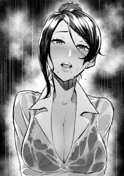 1girl arms_under_breasts bijin_onna_joushi_takizawa-san black_hair blush bra breasts cleavage collarbone earrings facing_viewer female_focus formal_clothes greyscale hair_bun jewelry lace lace_bra large_breasts looking_at_viewer mature_female mole mole_under_mouth monochrome office_lady open_mouth rain see-through_clothes single_hair_bun solo standing swept_bangs takizawa_kyouko tkhs underwear water_drop wet wet_clothes wet_hair