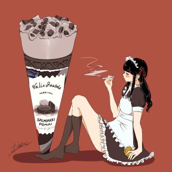 1girl apron arm_support artist_name black_hair blush brown_dress brown_socks cigarette closed_mouth commentary_request dress finnish_text frilled_apron frilled_dress frills from_side full_body hair_ribbon hand_up highres holding holding_cigarette ice_cream_cone kneehighs knees_up lisa_(illustsan430) long_hair looking_ahead maid maid_apron maid_headdress no_shoes original oversized_food oversized_object procreate_(medium) profile puffy_short_sleeves puffy_sleeves red_background red_ribbon ribbon salmiakki shadow short_dress short_sleeves sidelocks signature simple_background sitting smoke smoking socks solo translation_request twintails white_apron white_headdress
