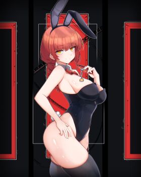 1girl absurdres alternate_costume animal_ear_hairband animal_ears black_leotard black_thighhighs bow bowtie breasts chainsaw_man closed_mouth collar detached_collar fake_animal_ears fake_tail hairband highleg highleg_leotard highres holding holding_collar large_breasts leotard long_hair makima_(chainsaw_man) megumana playboy_bunny rabbit_ear_hairband rabbit_ears rabbit_tail red_bow red_bowtie red_hair smile solo strapless strapless_leotard tail thighhighs