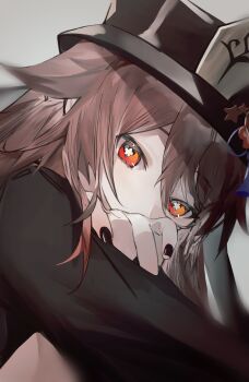 1girl black_nails brown_hair close-up covered_mouth eye_focus flower-shaped_pupils genshin_impact gradient_eyes grey_background hair_between_eyes hat highres hu_tao_(genshin_impact) looking_at_viewer multicolored_eyes nail_polish orange_eyes sidelocks solo star_(symbol) symbol-shaped_pupils yukiusagi_(snowrabbit0508)