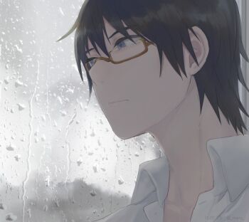 1boy black_hair blue_eyes boku_dake_ga_inai_machi closed_mouth commentary_request fujinuma_satoru glasses looking_outside mairu_(582284310) male_focus overcast rain sad semi-rimless_eyewear shirt short_hair sky solo upper_body white_shirt