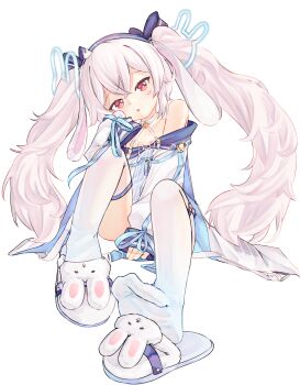 1girl animal_ears animal_slippers azur_lane blue_hairband blue_ribbon bunny_slippers chaosexceed crossed_bangs dress fake_animal_ears hair_ornament hair_ribbon hairband highres laffey_(azur_lane) laffey_ii_(azur_lane) long_hair long_sleeves looking_at_viewer parted_lips rabbit_ears rabbit_hair_ornament red_eyes ribbon simple_background sitting sleeves_past_wrists slippers solo thighhighs very_long_hair white_background white_dress white_hair white_slippers white_thighhighs