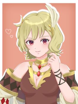 Rule 34 | 1girl, bare shoulders, blonde hair, breasts, brown dress, citrinne (fire emblem), cleavage, dress, earrings, feathers, fire emblem, fire emblem engage, gold choker, gold trim, hair ornament, highres, hoop earrings, jewelry, leather wrist straps, looking at viewer, medium breasts, mismatched earrings, nintendo, red eyes, ro061yy, smile, solo, upper body, wing hair ornament