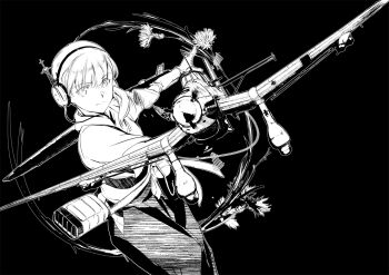 1girl aircraft airplane closed_mouth commentary english_commentary flower gloves greyscale hair_between_eyes hair_over_shoulder hakama headphones japanese_clothes kantai_collection kimono looking_at_viewer monochrome ponytail shin'you_(kancolle) simple_background solo takeshima_satoshi