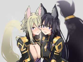 Rule 34 | 2girls, animal ear fluff, animal ears, black bodysuit, black hair, blonde hair, bodysuit, breasts, cat ears, cat girl, cat tail, cleavage, commentary request, delta (kagejitsu), facial mark, fur trim, gem, gold trim, hair between eyes, highres, kage no jitsuryokusha ni naritakute!, kamisu yu, large breasts, long hair, looking at viewer, multiple girls, purple eyes, purple gem, short hair with long locks, slit pupils, tail, very long hair, wolf ears, wolf girl, wolf tail, zeta (kagejitsu)