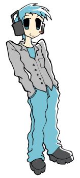 1girl black_shoes blue_hair blue_pants blush crossdressing crossdressing_(ftm) deftestrecords grey_shirt hatsune_miku headphones no_pupils pants polo_shirt reverse_trap shirt shoes vocaloid