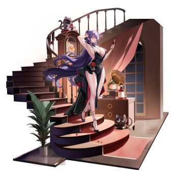 Rule 34 | 1girl, alcohol, animal ears, arm up, armpits, artist request, banister, black dress, black eyes, black fur, black shoes, bracelet, breasts, cat, cleavage, clock, covered navel, cup, diamond hair ornament, dress, drinking glass, earrings, evening gown, flower, flower pot, full body, game cg, grandfather clock, hair between eyes, hair ornament, hand on own head, high heels, highres, holding, holding cup, indoors, jack daniel's, jewelry, kirima ruka, kirima ruka (after midnight), large breasts, legs, long hair, looking at viewer, moon, multicolored dress, multicolored eyes, night, non-web source, official alternate costume, official art, phonograph, plant request, poker fate, purple eyes, purple hair, red carpet, red dress, red eyes, red flower, revealing clothes, shoes, sideboob, solo, stairs, tail, transparent background, very long hair, whiskey, whisky glass, wine glass