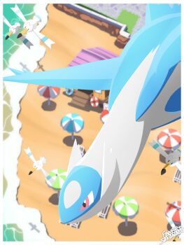 Rule 34 | absurdres, beach, beach umbrella, beak, bird, dragon, flying, gen 3 pokemon, highres, in-universe location, latios, legendary pokemon, lifebuoy, nintendo, no humans, pokemon, pokemon (creature), pokemon focus, pokemon ruby/sapphire/emerald, red eyes, sakanagi (a r co), sand, slateport city, swim ring, umbrella, water, wings, wingull