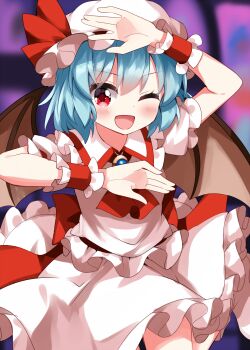 1girl ;d arm_up ascot bat_wings blurry blurry_background brown_wings commentary_request cowboy_shot frilled_skirt frilled_sleeves frills grey_hair hand_up hat hat_ribbon highres internet_overdose looking_at_viewer mob_cap needy_girl_overdose one_eye_closed open_mouth para_para parody pose_imitation red_ascot red_eyes red_ribbon remilia_scarlet ribbon ruu_(tksymkw) shirt short_hair short_sleeves skirt smile solo split_mouth touhou white_hat white_shirt white_skirt wings wrist_cuffs