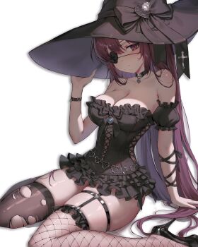 1girl absurdres asymmetrical_legwear bare_shoulders black_choker black_dress black_hat black_nails black_shoes black_thighhighs blush breasts brown_eyes brown_hair choker cleavage closed_mouth detached_sleeves dress eyepatch fishnet_thighhighs fishnets frilled_dress frills hand_on_headwear hat heart heart_eyepatch high_heels highres jademoon long_hair looking_at_viewer mismatched_legwear mole mole_under_eye nail_polish one_eye_covered original shoes short_dress simple_background sitting skindentation solo strapless strapless_dress thick_thighs thigh_strap thighhighs thighs torn_clothes torn_thighhighs very_long_hair wariza white_background witch_hat wristband