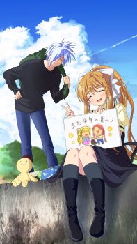 Rule 34 | 1boy, 1girl, :d, ^ ^, air (visual novel), black boots, black dress, black shirt, black socks, blonde hair, blue sky, blush, boots, character print, closed eyes, cloud, collared shirt, commentary request, contrail, cumulonimbus cloud, day, drawing (object), dress, eyebrows hidden by hair, facing viewer, full body, grey hair, hair between eyes, hair over one eye, hair ribbon, hand on own hip, hand up, happy, highres, holding, holding sign, kamio haruko, kamio misuzu, kneehighs, kunisaki yukito, leaning forward, long hair, open mouth, outdoors, ponytail, puffy short sleeves, puffy sleeves, ribbon, school uniform, shirt, short hair, short sleeves, sidelocks, sign, sitting, sky, sleeveless, sleeveless dress, smile, smirk, socks, spiked hair, standing, straight hair, translation request, v, v-shaped eyebrows, very long hair, white ribbon, yellow shirt, yuinarakugaki