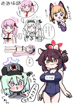 5girls animal_ear_headphones animal_ears black_hairband blonde_hair blue_archive cat_ear_headphones cat_ears censored eggplant eimi_(blue_archive) fake_animal_ears goggles hair_ornament hair_ribbon hairband halo hat headphones himari_(blue_archive) kaede_(blue_archive) kiss momoi_(blue_archive) multiple_girls necktie nudist pink_eyes pink_hair pink_halo red_eyes ribbon school_swimsuit shigure_(blue_archive) swimsuit unadare white_hair white_halo