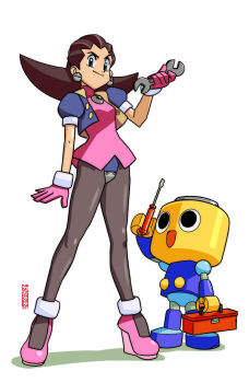 1girl blue_jacket brown_hair cropped_jacket crotch_plate dress earrings full_body green_eyes high_heels highres holding jacket jewelry looking_at_viewer medium_hair mega_man_(series) mega_man_legends_(series) open_clothes open_jacket pantyhose pink_dress ryan_jampole screwdriver servbot_(mega_man) simple_background solo_focus toolbox tron_bonne_(mega_man) white_background wrench
