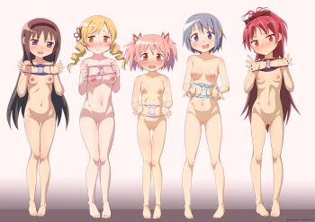 2026 5girls absurdres akemi_homura argyle_clothes argyle_hairband arms_up artist_name ass bare_shoulders barefoot black_bow black_hair black_hairband blue_eyes blue_hair blue_panties blush bow breasts cat's_cradle cleavage collarbone completely_nude english_text facing_viewer feet flower full_body gluteal_fold gradient_background grey_background hair_bow hair_ornament hair_ribbon hairband hairclip height_difference highres holding holding_panties holding_underwear holding_unworn_clothes kaname_madoka legs legs_together loli long_hair looking_at_viewer looking_to_the_side mahou_shoujo_madoka_magica miki_sayaka mjn multiple_girls navel nervous nipples nose_blush nude open_mouth paid_reward_available pale_skin panties pink_hair pink_panties pink_ribbon presenting presenting_removed_panties pubic_hair purple_eyes purple_panties pussy pussy_juice red_eyes red_hair ribbon sakura_kyoko shadow shiny_skin short_hair sidelocks skinny small_breasts smile stained_clothes stained_panties standing stomach tearing_up tears thighs toes tomoe_mami twintails uncensored underwear very_long_hair white_background