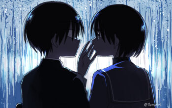 1boy 1girl black_hair commentary_request couple eye_contact from_behind gakuran looking_at_another original reaching reaching_towards_another school_uniform serafuku short_hair takanashi_atashi upper_body water water_on_glass