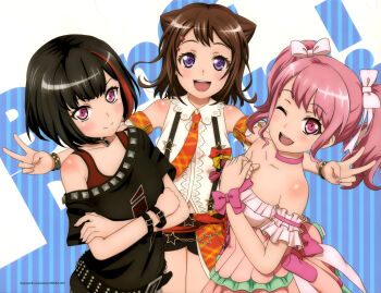3girls :d ;d absurdres anime_coloring armband artist_name bang_dream! bare_shoulders belt black_belt black_hair black_shirt black_shorts blush bow bracelet breasts brown_hair collarbone collared_shirt cone_hair_bun copyright_name crossed_arms double_bun double_v dress frilled_armband frills hair_bow hair_bun hair_ornament hands_on_own_chest highres jewelry looking_at_viewer maruyama_aya medium_breasts medium_hair mitake_ran multicolored_hair multiple_girls navel necktie newtype official_art one_eye_closed open_mouth orange_armband orange_necktie orange_skirt own_hands_together pink_bow pink_eyes pink_hair purple_eyes red_streaks red_tank_top shirt short_hair short_shorts short_sleeves shorts shoulder_blush sidelocks single_bare_shoulder single_off_shoulder skirt sleeveless sleeveless_shirt smile standing star_(symbol) star_hair_ornament strapless strapless_dress streaked_hair tank_top third-party_source toyama_kasumi twintails two-tone_background ueji_haruka v white_bow white_shirt wrist_belt wrist_bow