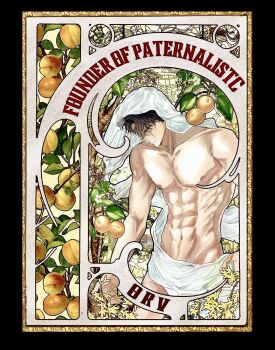 1boy abs art_nouveau black_hair closed_eyes cowboy_shot english_text food forsythia fruit head_down highres male_focus muscular muscular_male omniscient_reader&#039;s_viewpoint peach pectorals robe scar scar_across_eye scar_on_face secretive_plotter short_hair solo strongman_waist toupou39 tree white_robe yoo_joonghyuk