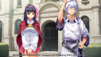 1boy 1girl ^_^ ahoge aleph_coulson atelier-moo belt black_belt black_hair brown_eyes building bush clenched_teeth closed_eyes closed_mouth collarbone collared_shirt company_name copyright_notice cowboy_shot fence flower game_cg grey_pants hair_between_eyes hair_ribbon hand_on_own_head hand_on_own_hip hat key large_variant_set leaf long_hair long_shirt long_sleeves looking_at_viewer miniskirt non-web_source official_art pants pink_ribbon purple_hat purple_shirt red_shawl ribbon rose shawl sheela_sheffield shirt short_hair skirt smile standing striped_hat tachi-e tareme teeth three-quarter_sleeves variant_set very_long_hair white_hair white_shirt window yellow_flower yellow_rose yuukyuu_gensoukyoku yuukyuu_gensoukyoku_revival