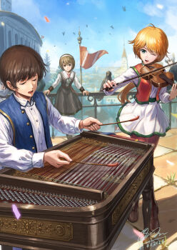 1boy 2girls bird black_dress blonde_hair blue_vest brown_hair commentary_request day dress flag highres instrument low_ponytail miniskirt multiple_girls music original outdoors pennant pinafore_dress playing_instrument ponytail red_vest shiki_makoto shirt skirt sleeveless sleeveless_dress smile vest white_shirt white_skirt yangqin
