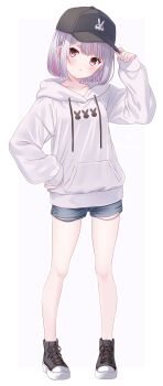 Rule 34 | 1girl, absurdres, black hat, black shoes, blue shorts, blush, border, collarbone, commentary request, drawstring, full body, grey background, grey hair, grey hoodie, hand on headwear, hand on own hip, hat, highres, hood, hood down, hoodie, long sleeves, looking at viewer, multicolored hair, outline, outside border, parted lips, pink eyes, pink streaks, shoes, short shorts, shorts, simple background, sneakers, solo, standing, streaked hair, toketa-sekai, tosaki mimi, virtual youtuber, vspo!, white border, white outline