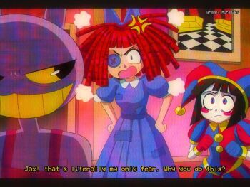 1990s_(style) 1boy 2girls anger_vein animal_ears artist_name black_hair blue_bow blue_dress blue_eyes blush bow breasts brenni_murasaki buttons colored_sclera commentary dress english_commentary english_text fake_screenshot grin hair_bow hands_on_own_hips hat jax_(the_amazing_digital_circus) jester jester_cap looking_at_another medium_breasts medium_hair multicolored_eyes multiple_girls open_mouth overalls patchwork_clothes picture_frame pomni_(the_amazing_digital_circus) puffy_short_sleeves puffy_sleeves ragatha_(the_amazing_digital_circus) red_eyes red_hair red_overalls retro_artstyle short_sleeves shorts smile the_amazing_digital_circus yellow_sclera