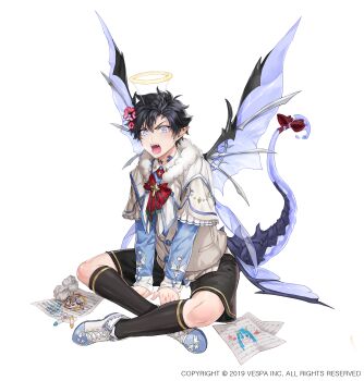 1boy absurdres anger_vein black_hair black_shorts black_socks black_tail black_wings blue_eyes blue_shirt blue_shoes blue_tail blue_wings cain_(king&#039;s_raid) commentary_request crayon crayon_drawing cross crumpled_paper dragon_boy dragon_tail dragon_wings drawing_(object) fake_halo fangs full_body fur_trim green_ribbon halo highres jaeyun king&#039;s_raid kneehighs laias_(king&#039;s_raid) multicolored_shoes musical_note neraxis official_alternate_costume official_art open_mouth paper pointy_ears red_ribbon ribbon sheet_music shirt shoes short_hair shorts simple_background socks solo spiked_tail sweater tail white_background white_fur white_shoes white_sweater wings