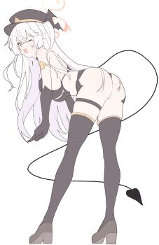 1girl absurdres alternate_costume ass bikini black_bikini black_gloves black_hat black_thighhighs blue_archive brown_halo commentary demon_tail elbow_gloves eri_(blue_archive) full_body gloves halo hat highres long_hair looking_at_viewer one_eye_closed one_side_up peaked_cap s10021 side_halo solo strapless strapless_bikini sweat swimsuit tail thighhighs tilted_halo white_hair