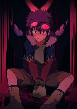 1boy blue_jacket brown_hair brown_shorts digimon digimon_adventure_02 goggles goggles_on_head jacket motomiya_daisuke red_jacket shorts sitting solo_focus yuu_(pixiv3042074)