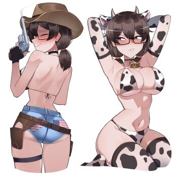 1girl american_flag american_flag_print animal_ears animal_print arms_behind_head back bell bikini bikini_top_only black_choker blush breasts brown_eyes brown_hair buck_teeth choker closed_eyes closed_mouth commentary cow_ears cow_horns cow_print cow_print_bikini cow_print_gloves cow_print_thighhighs cowboy_hat cowgirl_(western) cropped_legs denim denim_shorts flag_print gloves gun hat highres holding holding_gun holding_weapon holster horns kneeling large_breasts multiple_views navel neck_bell original print_bikini print_gloves print_thighhighs rectangular_eyewear short_twintails shorts simple_background smoke smoking_barrel standing stephanie_(ti_keep) swimsuit teeth thighhighs ti_keep twintails weapon white_background