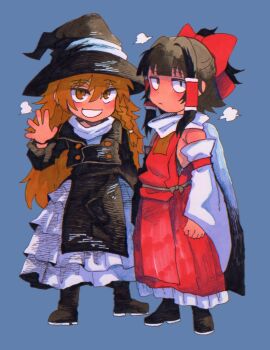 2girls absurdres black_hair blonde_hair blue_background blush boots bow braid commentary_request detached_sleeves frills hair_bow hair_tubes hakurei_reimu hat highres inuyama_konan kirisame_marisa long_hair long_sleeves multiple_girls red_skirt scarf skirt smile touhou witch_hat yellow_eyes