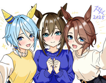 Rule 34 | 2025, 3girls, alternate costume, animal ears, blue eyes, blue hair, blush, brown hair, cheval grand (umamusume), commentary request, ear covers, hair between eyes, horse ears, horse girl, k.s.miracle (umamusume), long sleeves, looking at viewer, multicolored hair, multiple girls, narita taishin (umamusume), open mouth, short hair, smapy sumataku, smile, umamusume, white hair