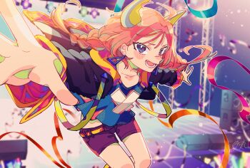 Rule 34 | 1girl, :d, absurdres, ako-chan (notamaru 2), black jacket, blue eyes, blue shirt, blurry, blurry background, blush stickers, braid, collarbone, commentary request, concert, feet out of frame, green horns, highres, horns, jacket, long hair, long sleeves, looking at viewer, notamaru 2, open clothes, open jacket, open mouth, original, outline, outstretched arms, pink hair, purple shorts, shirt, shorts, smile, solo, spread arms, twin braids, white outline