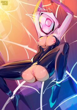 1girl absurdres black_bodysuit blush bodysuit breasts highres hood marvel mask medium_breasts nipples pussy restrained silk solo spider-gwen spider-man_(series) spider_web spread_legs torn_bodysuit torn_clothes uncensored zuruota