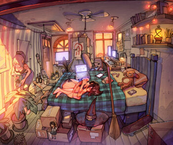 2girls absurdly_detailed_composition arm_tattoo artist_logo barefoot bed bedroom bike_shorts black_shorts black_sports_bra book bookshelf bottle box breasts broom brown_hair bus ceiling_fan ceiling_light cellphone chair chips_(food) commentary computer computer_keyboard curled_up dated day desk desk_lamp doll doorway downblouse earrings food food_packaging hat hat_belt holding holding_own_arm holding_watering_can hugging_own_legs indoors jar jewelry lamp lantern laptop leaning_forward loaded_interior logo long_hair medium_breasts medium_hair monitor motor_vehicle multiple_girls multiple_monitors office_chair on_bed original oyster_pail pants phone plant ponytail potato_chips potted_plant purple_pants runes shorts simz skateboard skirt sleeping smartphone sports_bra standing string_of_flags string_of_light_bulbs stuffed_animal stuffed_toy sunlight swivel_chair table tattoo teddy_bear two-handed unworn_hat unworn_headwear vacuum_cleaner watering watering_can window wine_bottle witch_hat wooden_floor yellow_skirt