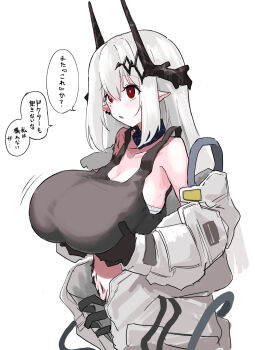 1girl arknights bare_shoulders black_gloves black_horns black_sports_bra bone_hiko breast_lift breasts bright_pupils cleavage collarbone commentary_request gloves grey_hair hair_between_eyes highres horns huge_breasts infection_monitor_(arknights) long_hair long_sleeves looking_ahead material_growth mudrock_(arknights) mudrock_(elite_ii)_(arknights) oripathy_lesion_(arknights) paint_chat_(medium) parted_lips partial_commentary red_eyes sidelocks simple_background sleeveless solo speech_bubble sports_bra translation_request white_background white_pupils