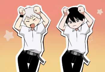 Rule 34 | 2boys, belt, black hair, black pants, blush, caramelldansen, closed eyes, closed mouth, collared shirt, commentary request, grey belt, highres, hikaru ga shinda natsu, indou hikaru, looking at viewer, male focus, mole, mole on arm, mole on cheek, mole under eye, mole under mouth, multiple boys, multiple moles, namacotshd, open mouth, outline, pants, shirt, shirt tucked in, short hair, short sleeves, tsujinaka yoshiki, watch, white hair, white outline, white shirt, wristwatch