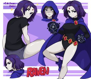 1girl belt black_leotard black_shirt boots breasts cartoon_network cloak colored_skin dashi_(dashiart) dc_comics energy forehead_jewel gem gold_belt grey_shorts grey_skin highres hood hood_up hooded_cloak leotard long_sleeves looking_at_viewer looking_back magic medium_breasts purple_background purple_boots purple_cloak purple_eyes purple_hair raven_(dc) red_gemstone shirt short_hair short_sleeves shorts sitting sparkle standing superhero_costume teen_titans teeth