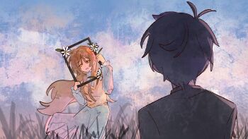 1boy 1girl akinashi_haru chinese_commentary commentary_request dress facing_another field fleabane flower from_behind grass highres holding holding_picture_frame long_hair looking_at_another luoxingkong outdoors picture_frame saihate_eki short_hair sweater_vest tenjiku_aoi white_dress white_flower yellow_sweater_vest