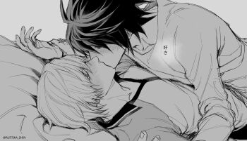 2boys blush boy_on_top collared_shirt commentary death_note english_commentary fingernails french_kiss greyscale kiss l_(death_note) long_sleeves male_focus monochrome multiple_boys on_bed ruttika_shin shirt short_hair sportswear tennis_uniform translation_request twitter_username yagami_light yaoi