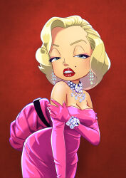 Rule 34 | 1girl, blonde hair, blue eyes, bow, breasts, choker, cleavage, dress, earrings, gloves, half-closed eyes, jewelry, leaning forward, looking at viewer, marilyn monroe, medium breasts, mole, mole on cheek, necklace, oira wa arumajiro, open mouth, pink bow, pink dress, pink gloves, real life, red background, red lips, short hair, sparkle, standing, strapless, strapless dress, teeth, waist bow