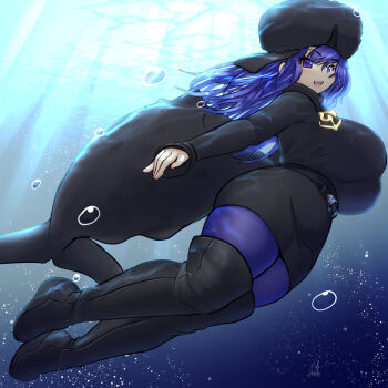 1girl anchor_necklace anchor_pendant black_sweater blue_eyes blue_hair blue_pantyhose blush breasts cetacean_tail fins fish_tail hair_between_eyes hat head_fins highres huge_breasts japari_symbol jewelry kemono_friends kemono_friends_3 long_hair long_sleeves looking_at_viewer mo23 necklace pantyhose sidelocks solo sperm_whale_(kemono_friends) sweater tail turtleneck turtleneck_sweater underwater ushanka whale_girl