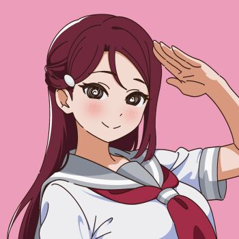1girl arm_up asymmetrical_bangs blush breasts close-up grey_sailor_collar hair_ornament head_tilt highres long_hair looking_at_viewer love_live! love_live!_sunshine!! nose one_eye_closed pink_background red_hair sailor_collar sakurauchi_riko salute school_uniform serafuku short_sleeves simple_background sleeve_cuffs smile solo summer_uniform uranohoshi_school_uniform uyu1023