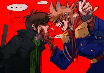 Rule 34 | ..., 2boys, absurdres, animification, annoyed, antenna hair, bags under eyes, black coat, blue coat, bound, brown hair, burn scar, buttons, can, chair, chinese commentary, coat, cola, commentary request, cyborg, drawstring, drink, edd (eddsworld), eddsworld, epaulettes, eye contact, flipped hair, from side, future edd (eddsworld), grabbing another's face, green hoodie, hair ears, head grab, highres, holding, holding can, holding drink, hood, hood down, hoodie, hu xin dadi, long sleeves, looking at another, male focus, mature male, mechanical arms, military coat, military uniform, multiple boys, open clothes, open coat, open mouth, profile, prosthesis, prosthetic arm, red background, red hoodie, red leader (eddsworld), scar, sharp teeth, short hair, simple background, single mechanical arm, smile, spoken ellipsis, taunting, teeth, tied to chair, tied up (nonsexual), tord (eddsworld), trench coat, upper body, yaoi