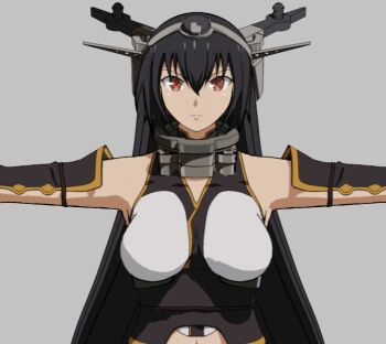 10s 1girl 3d bad_id bad_pixiv_id black_hair breasts brown_eyes expressionless female_focus grey_background headgear kantai_collection large_breasts long_hair looking_at_viewer mumumu_(atama07237029) nagato_(kancolle) outstretched_arms simple_background sleeveless solo spread_arms symmetry upper_body very_long_hair
