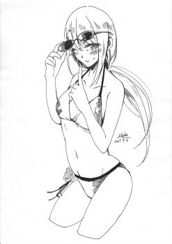 Rule 34 | 1girl, absurdres, bikini, blush, breasts, cleavage, collarbone, commentary request, cowboy shot, cropped legs, eyewear on head, floral print, greyscale, highres, holding, holding removed eyewear, long hair, looking at viewer, monochrome, navel, ponytail, robotics;notes, science adventure, simple background, small breasts, smile, solo, stomach, sunglasses, swimsuit, tennouji nae, tennouji nae (robotics;notes), twintails, unworn eyewear, white background, yakku