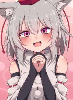 1girl animal_ear_fluff animal_ears black_gloves blush breasts commentary_request detached_sleeves elbow_gloves fang gloves grey_hair hat highres interlocked_fingers inubashiri_momiji large_breasts looking_at_viewer open_mouth own_hands_together partially_fingerless_gloves pink_background pink_eyes red_hat ribbon-trimmed_sleeves ribbon_trim siw0n skin_fang smile solo textless_version tokin_hat touhou upper_body wolf_ears wolf_girl